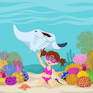 卡通小女孩潜入水下热带海洋图片