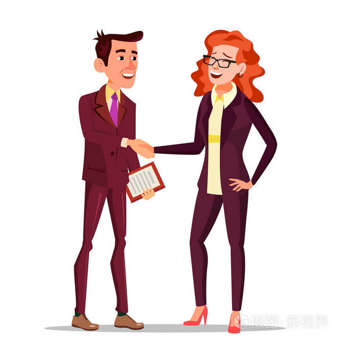 合作伙伴和客户.会议握手.协议标志.独立平面卡通人物插画