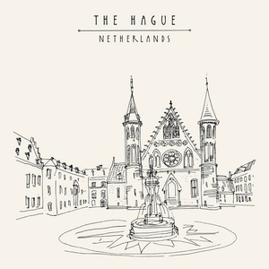 十三世纪宾尼霍夫(内庭)建筑群. 荷兰遗产地. 旅游建筑素描.