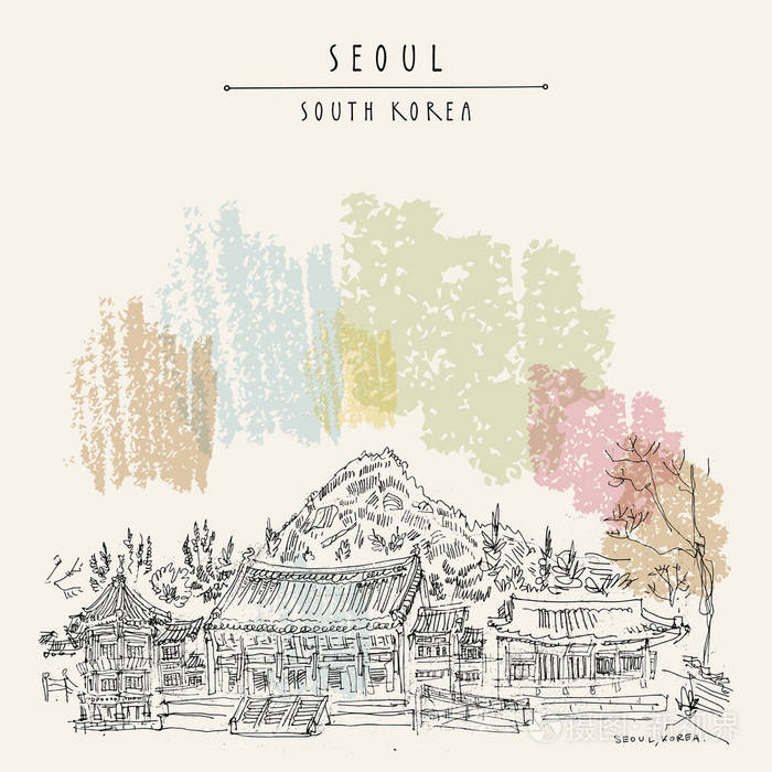 首尔韩国亚洲. 京博贡宫泰文殿神社. 背景上的山. 复古风格的手绘.