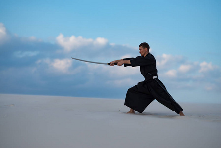 着剑,片假名,在日落时在沙漠中训练武术-武士在蓝色多云的天空背景上