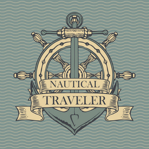 舵和锚矢量横幅与船锚,舵和丝带与文字航海,旅行者.