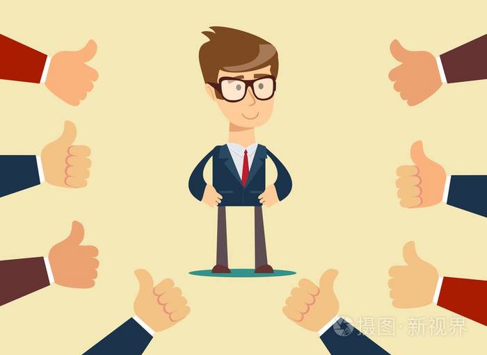 愉快和骄傲的商人与许多赞许的手在他附近