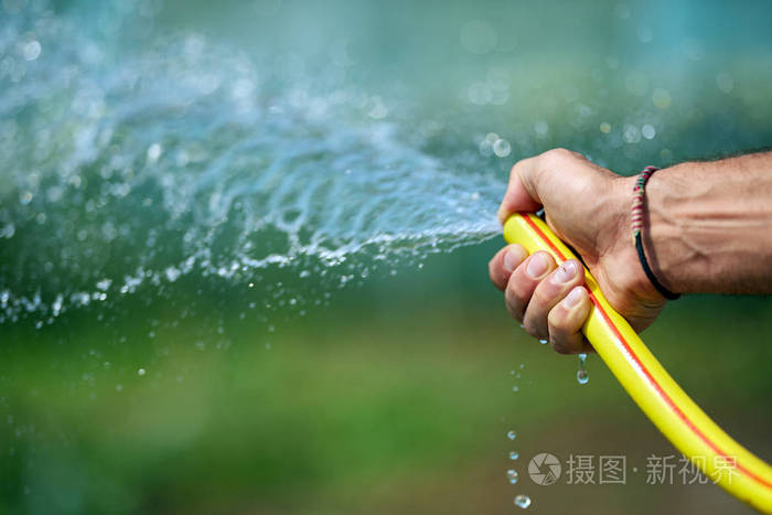 在温室里男农手拿着细水管和浇水植物