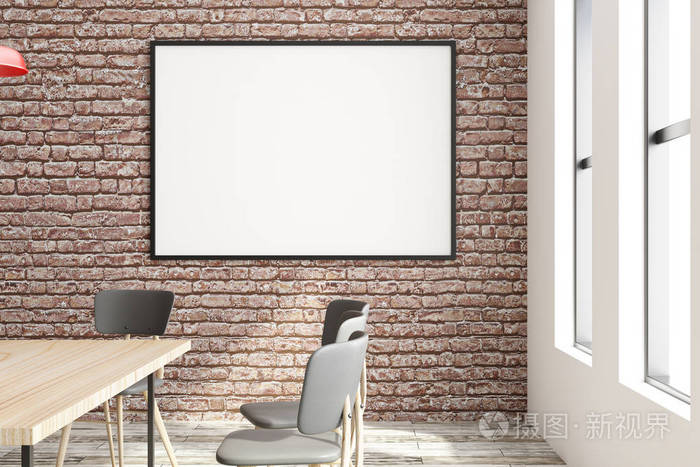 当代砖会议室内部与复制空间为您的广告和日光。 模拟3D渲染