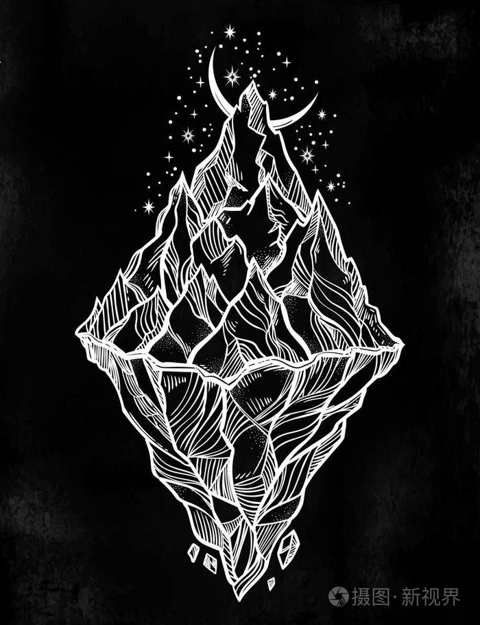 手画的美丽的冰山, 天空与新月.冰川设计