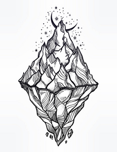 手画的美丽的冰山, 天空与新月.冰川设计照片