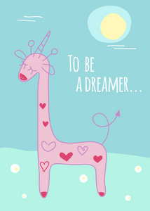 梦想家海报长颈鹿与独角兽角. 矢量插图照片