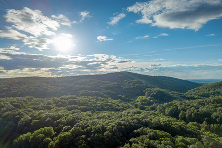 空中森林风景欧洲森林美丽的山脉景观山峰覆盖着森林