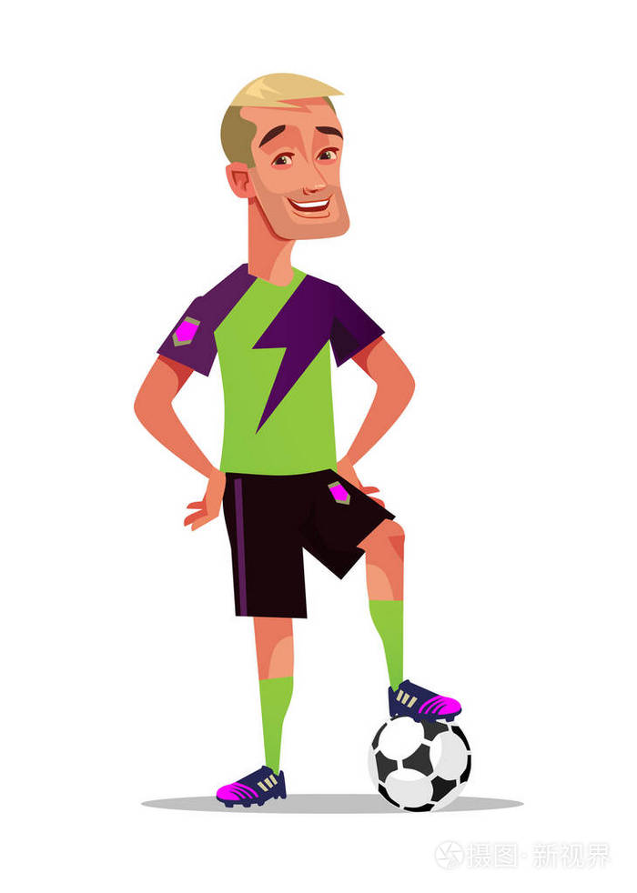 快乐微笑的足球运动员角色吉祥物站在球.