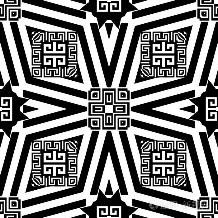 条纹几何希腊矢量无缝图案. 抽象万花筒风格观赏几何背景.