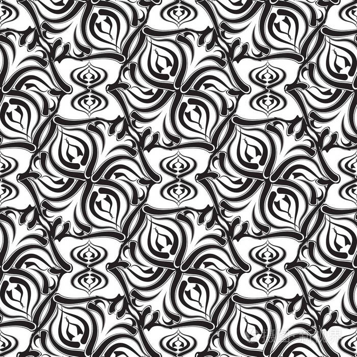 花卉矢量无缝图案.白色背景与黑色抽象手绘花,形状,叶,曲线,漩涡.