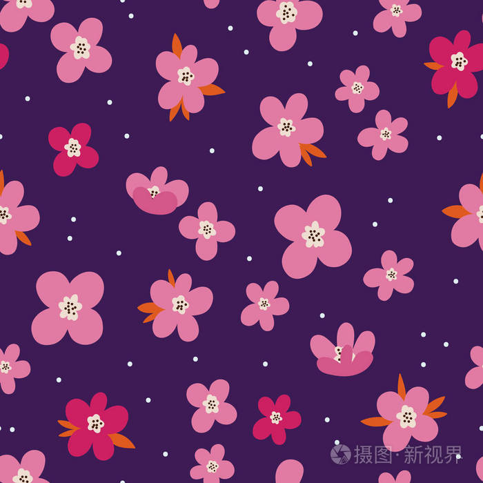 紫色背景上粉红色花朵的可爱图案矢量插图