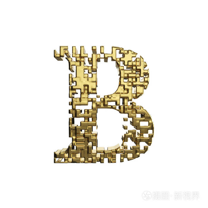 字母b大写金色的字体由黄色的金属形状3d渲染在白色背景下被隔离