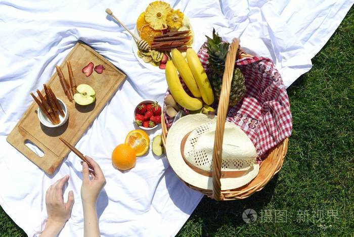 在草地上的公园野餐:健康的食物和配件的顶部景观