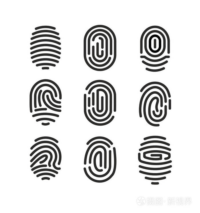 基于简约风格的白色背景下指纹图标的矢量图解集