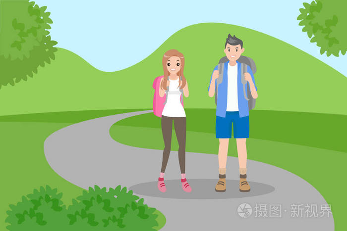 可爱的卡通夫妇去爬山