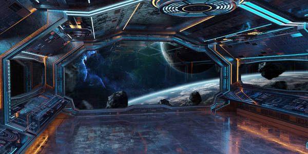 蓝色和橙色宇宙飞船内部,可以看到遥远的行星系统,3d渲染元素,这幅
