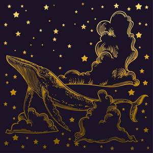 手划手划的鲸鱼在黑暗的宇宙背景下,带着星星和云照片