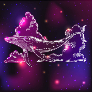 手划手划的鲸鱼在黑暗的宇宙背景下,带着星星和云照片
