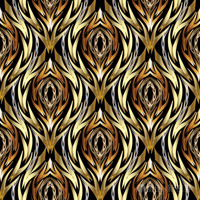黄金抽象纹理矢量无缝图案. 图案化的装饰性波浪背景. 装饰古董装饰品