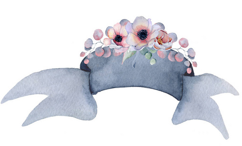 带花花束的水彩丝带手绘横幅照片