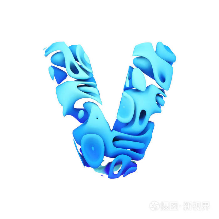 字母v大写字母大写蓝色字体由墨水飞溅在水中3d渲染在白色背景下被