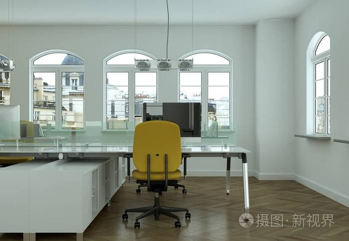 现代黄色办公室内设计3d 渲染
