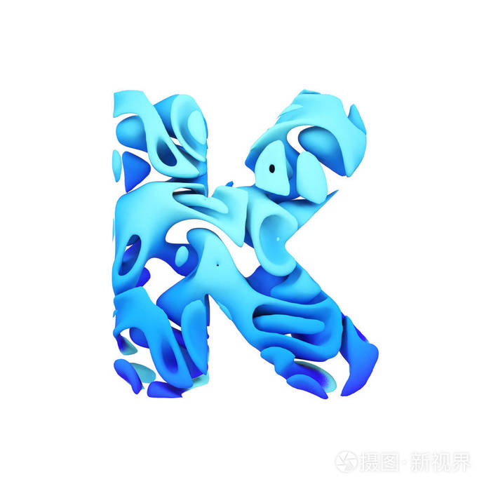 字母k大写蓝色字体由墨水飞溅在水中3d渲染在白色背景下被隔离