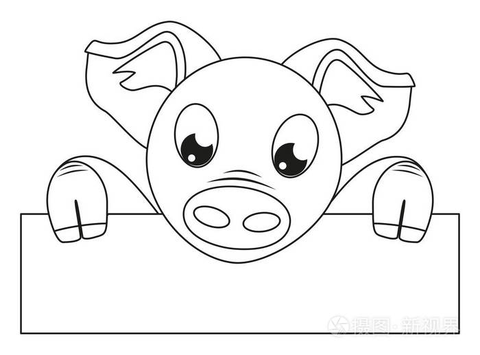 线条艺术黑白猪手持水平海报成人和儿童着色页2019年中国符号农场动物