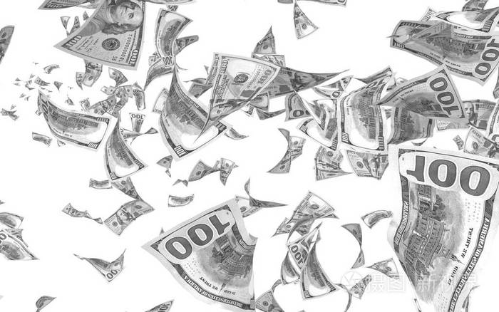 在白色背景下, 钞票被孤立.钱在空中飞翔.100美国纸币新样品.