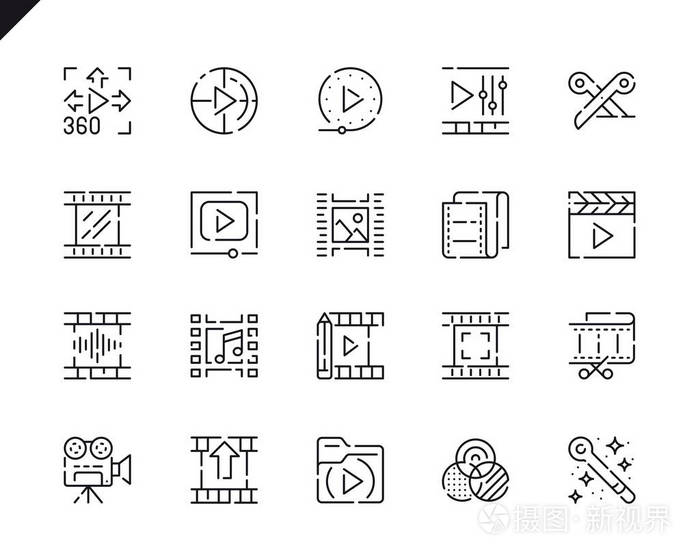 简单的设置视频编辑线图标的网站和移动应用程序。包含相机，多媒体，过滤器，框架，摄影.48x48像素完美。矢量图。
