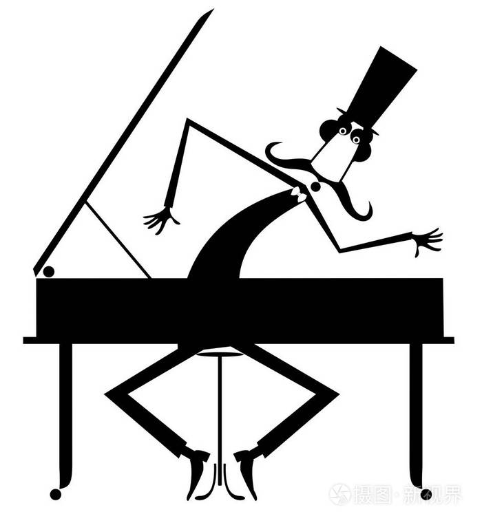 卡通胡子钢琴家正在用钢琴孤立的插图演奏音乐.