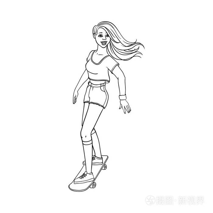 矢量素描可爱的女孩滑板