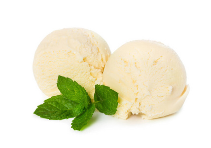 两球香草冰淇淋与新鲜薄荷叶分离在白色背景.照片