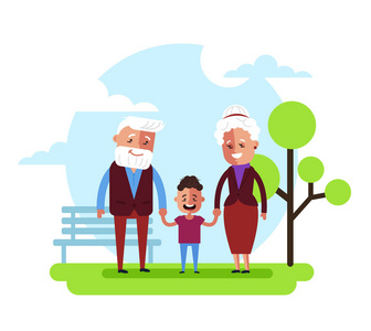 爷爷的手快乐微笑的爷爷奶奶和孙子一起走在公共公园里,牵着手.