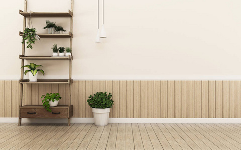 白色的房间,有架子,装饰墙壁木材. 斯堪的纳维亚室内设计. 3d渲染照片