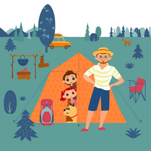 儿子女儿和爸爸的可爱卡通. 成人和儿童的度假户外休闲活动.