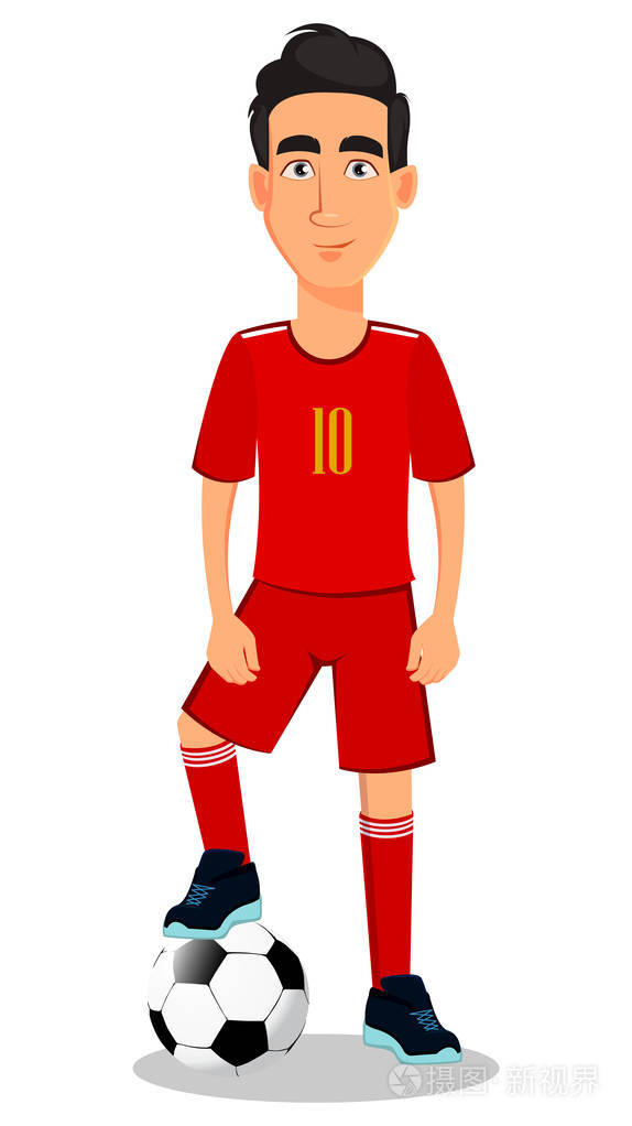 穿红色制服的足球运动员英俊的卡通人物和足球白色背景上的矢量插图