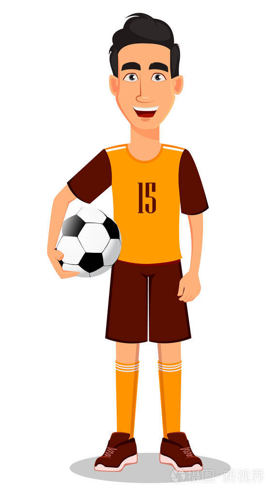 穿黄色和棕色制服的足球运动员英俊的卡通人物手里拿着足球白色背景上