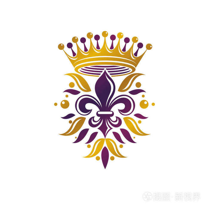 复古金色复古徽章与百合花和皇家皇冠矢量质量思想设计元素fleurdelis
