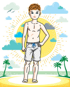 可爱的小青少年男孩站着,穿着时尚的海滩短裤. 矢量人体插图.