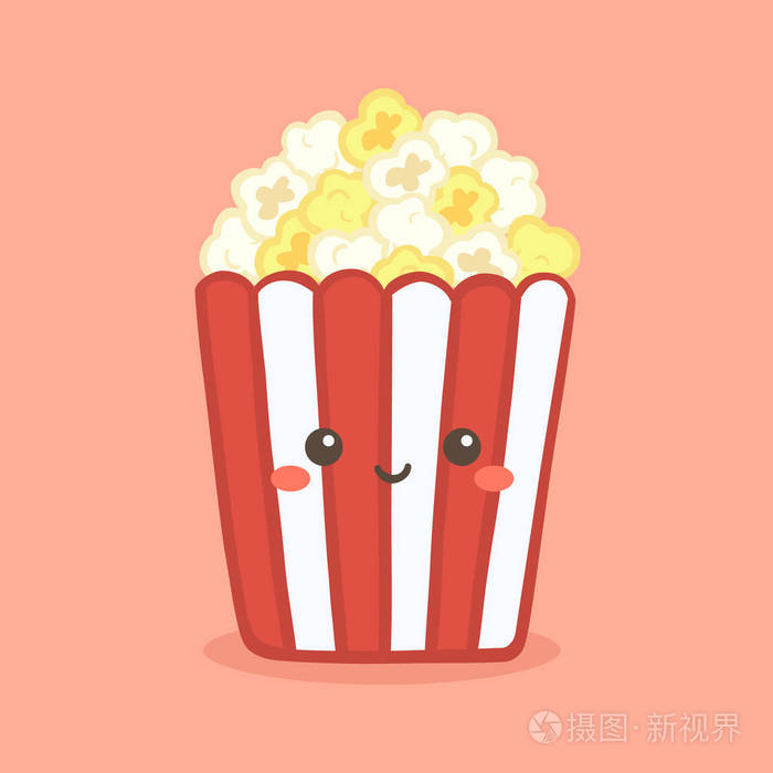 可爱的流行玉米爆米花红色桶盒电影院小吃矢量插图卡通人物图标