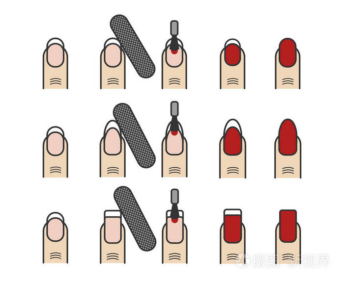 修指甲过程矢量图标设置.不同的指甲样式