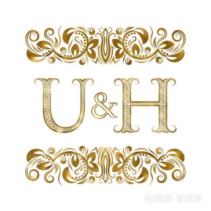 你和h老年份首字母标志符号。 字母被装饰元素包围。 皇家风格的婚礼或商业伙伴字母。