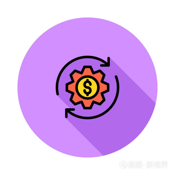 红色齿轮与黄色美元硬币和箭头在紫色圆圈隔离白色背景