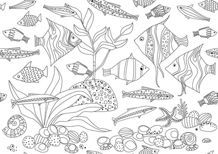 无缝质地与鱼群和海藻为您的着色书照片