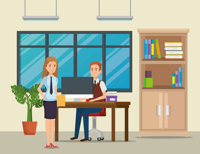 办公场景元素商务人员在办公室工作场所场景矢量插图设计照片