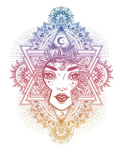 华丽的太阳美丽的神圣太阳女神女孩与华丽的光环照片