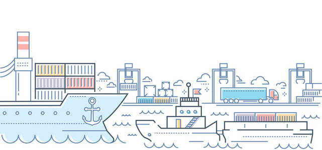 现代唯美手插画港口-现代线设计风格多彩插画照片